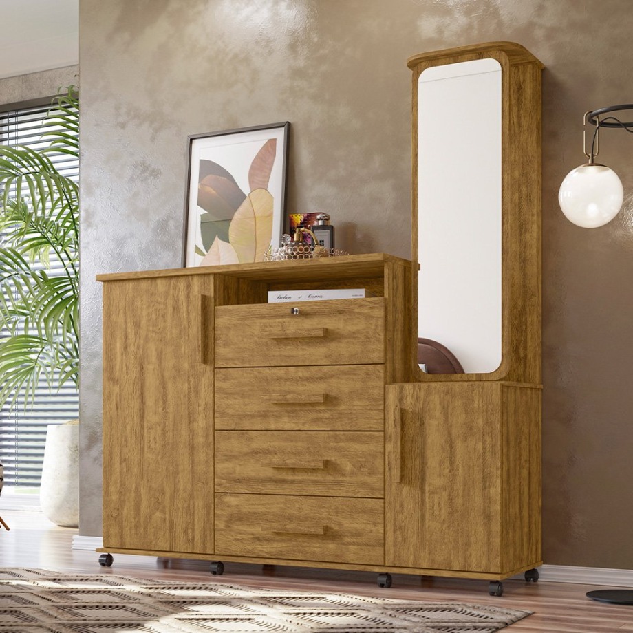 Cômoda de Madeira  Gavetas  Portas Com Espelho Copacabana