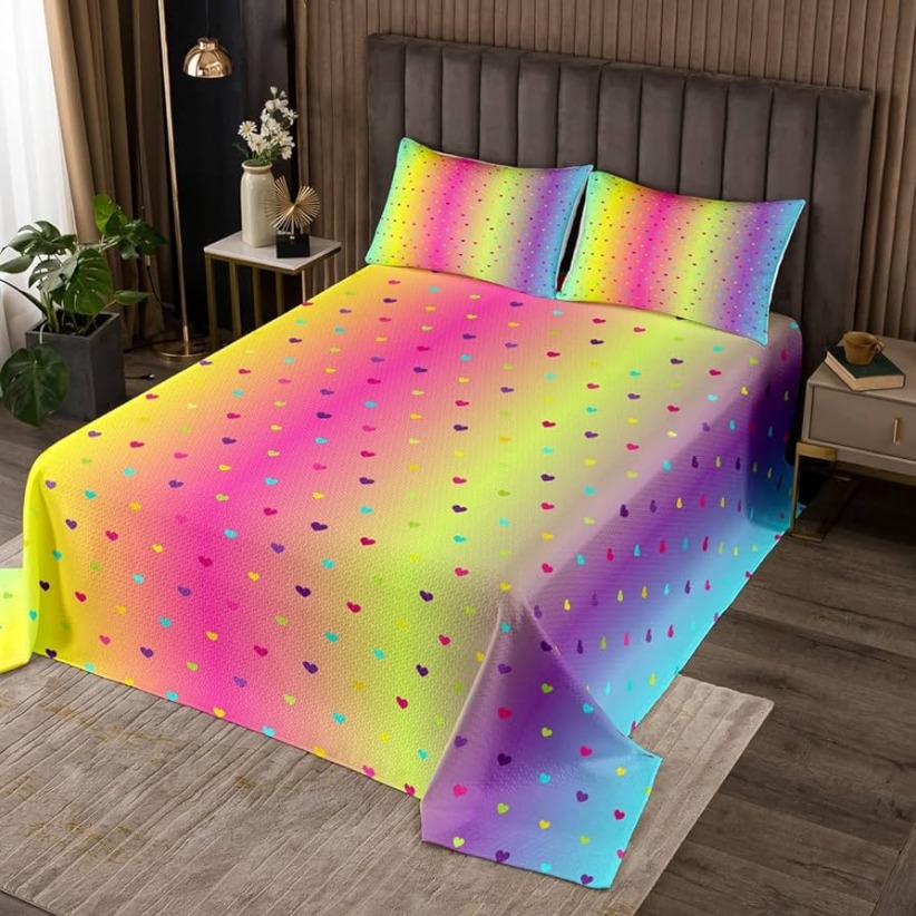 Colcha de rayas coloridas para niños y niños, tamaño queen, juego de   piezas, con diseño de corazones coloridos para niñas, suave, cálida,  decoración