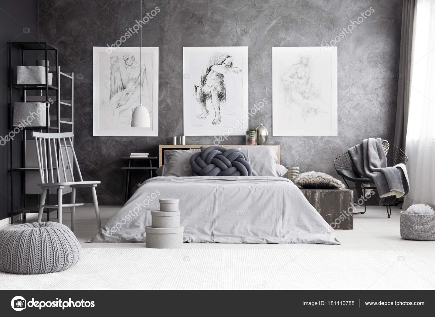 Monochromatic bedroom with king-size bed Stock Photo by