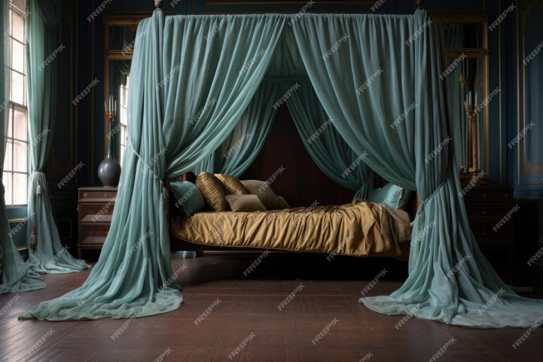 Uma cama de dossel com tecido drapeado elegante  Foto Premium